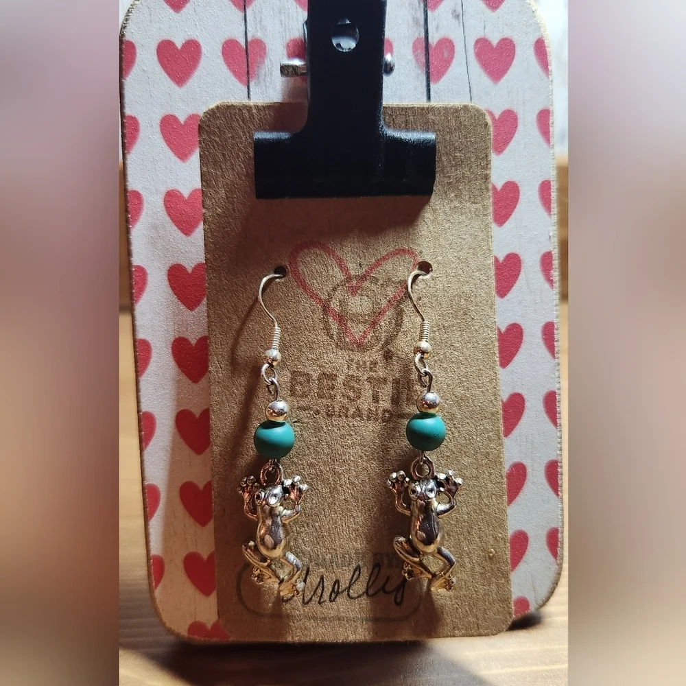 Handmade Silver in Color Frog Charm Dangle Earrings with Teal Bead Accents 🐸